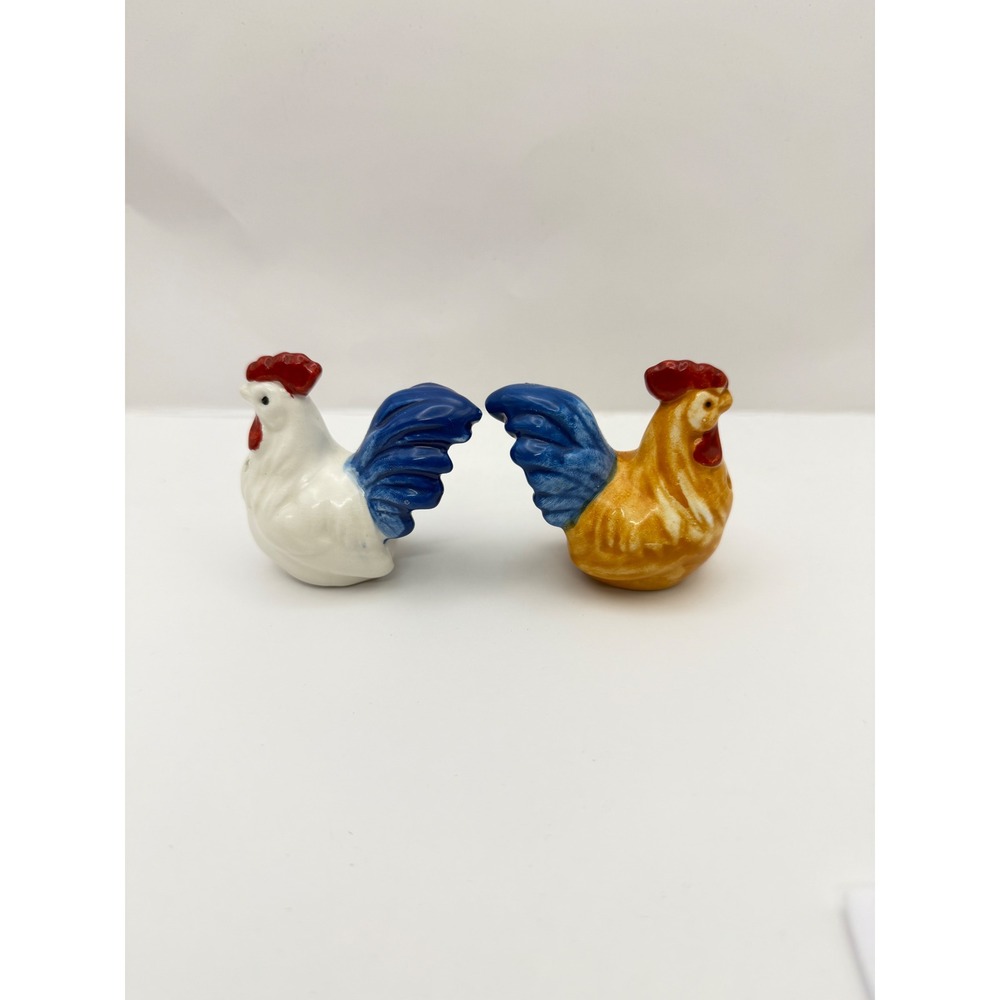 Vintage Ceramic Rooster Salt and Pepper Shakers Set Blue White Orange Farmhouse